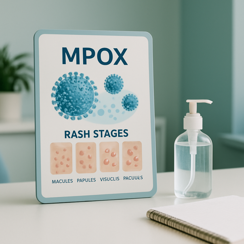 Mpox hastalığında döküntü evrelerini gösteren bilgilendirme panosu ve el dezenfektanı