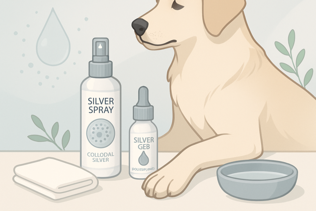 Köpek patisi yanında gümüş bazlı spreylerle evcil hayvan pati bakımı
